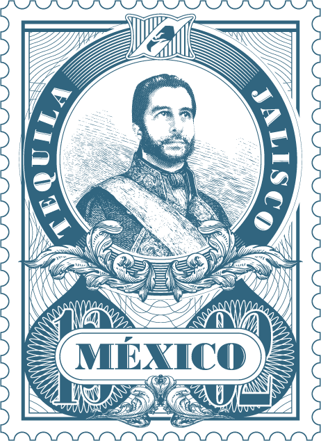 Estampilla postal clásica en tono azul con grabado de personaje histórico y texto Tequila Jalisco México